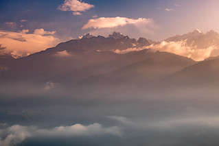 Sunrise over the cloud covered himalayan peaks, Pelling, Sikkim
