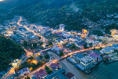 jayapura papua indonesia view hill bay sea life citylife culture city town high vilage outdoor aerial asia building activity color image drone horizontal regency night no people province photography street light