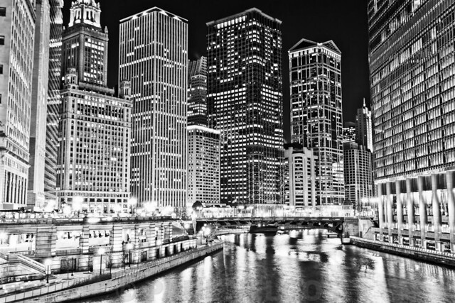Chicago River Skyline at Night Black and White Picture