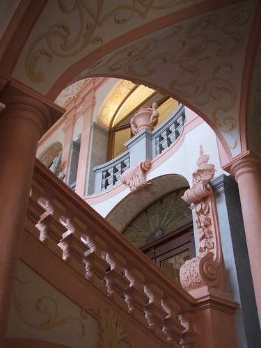 austria melk stiftmelk abbey staircase interior angles diagonal arch arches railing railings baroque statuary