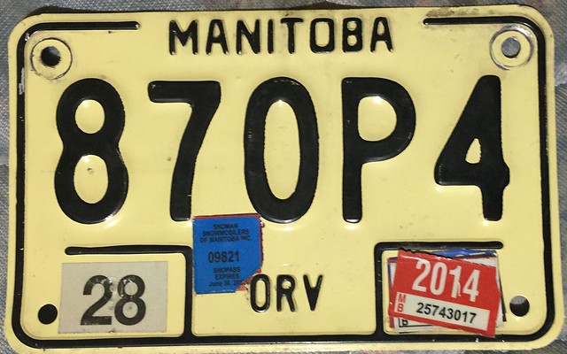 MANITOBA 2014 OFFROAD VEHICLE LICENSE PLATE ---NON REFLECTIVE with SNOPASS STICKERS