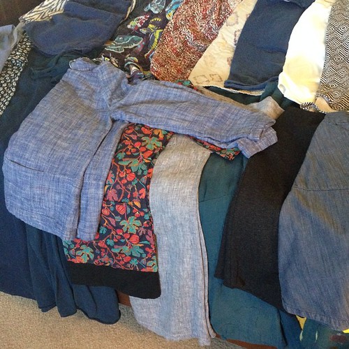 Quick pic of #memade clothes since #mmmay15 starts tomorrow, could've sworn there was another week in April!  Good news? I have enough for every day. Bad news? Nearly a third is suited to cooler weather.  And I have a most decided leaning towards blue ton