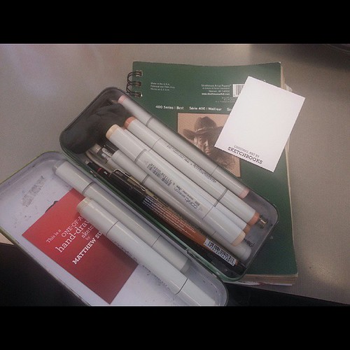 Weapons of choice - what I take in my art kit (aka utility belt!) when I'm on the go. Various Copic Markers; N1, N3/N4, Technical pencil HB lead, Signo white pen, Micron multiliner (2), Tuff Stuff eraser, kneaded eraser, spare HB lead, and my trusty Pente | by sketchbooksart
