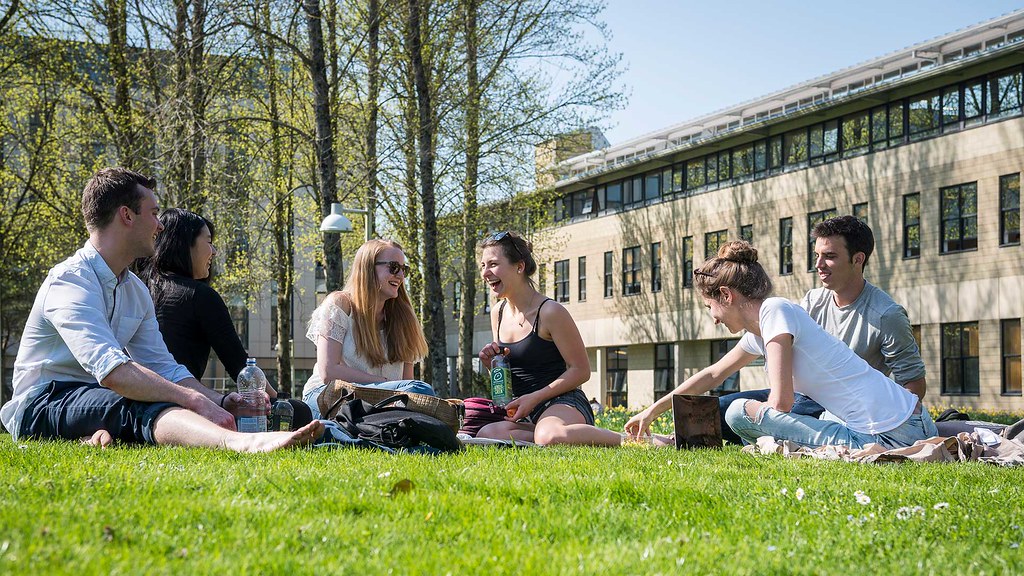 Students sit on grass chatting