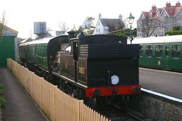 15-121  The M7 in Swanage's bay platform with the Bulleid set