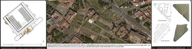 ROMA ARCHEO. & REST. ARCHITETTURA. I FORI IMPERIALI: Planimetria del t. della Pace: in evidenza, le strutture rinvenute nel corso degli ultimi scavi [1998-2015] & I due frammenti della Pianta marmorea recente scoperti, ARCHEO (2015); BING MAPS (2015).