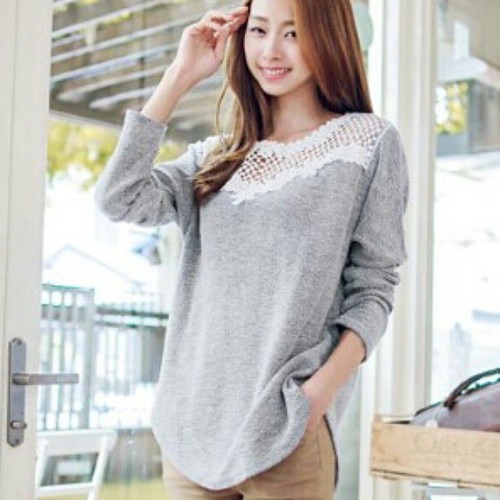  Jual  Baju  Wanita Korea  Long Sleeved Crochet Shoulder Gray 