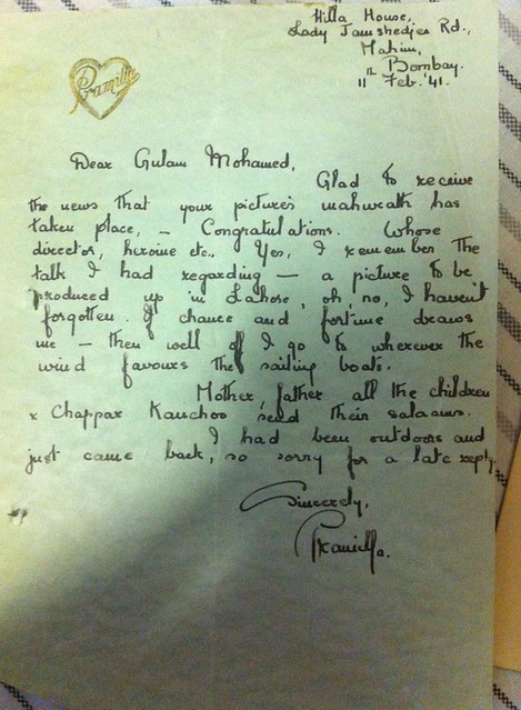 Letter of Pramila (Esther Victoria Abraham) to Actor Ghulam Muhammad-1941