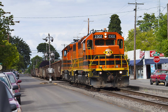 PNWR 2302 on rail train at Corvallis 19-Jul-11