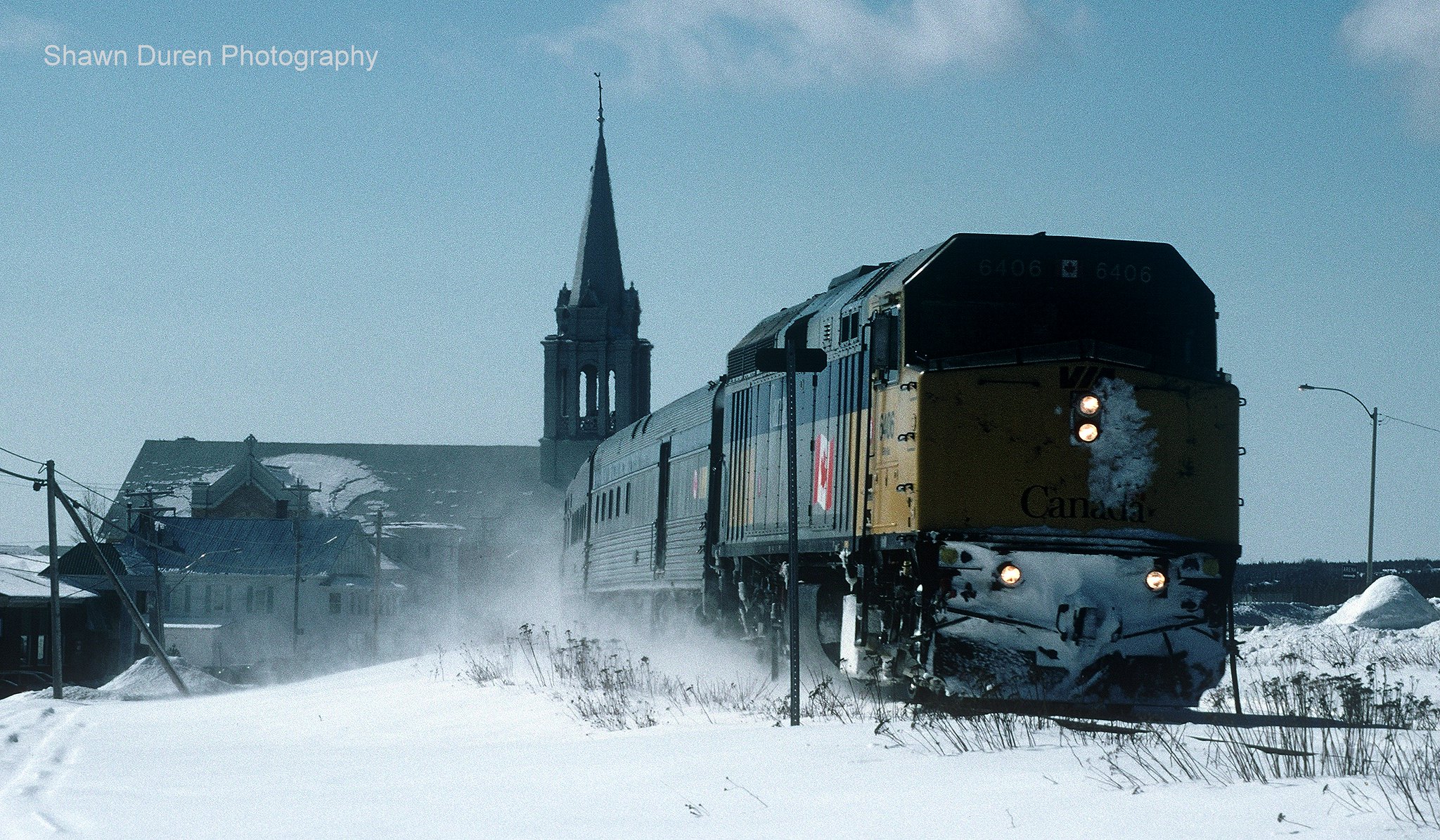 VIA Rail Train #16, the Chaleur heads east through Newport, Quebec. March 22, 2004.