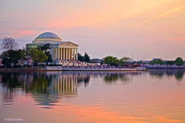 Evening at the Jefferson Memorial with cherry blossoms in bloom