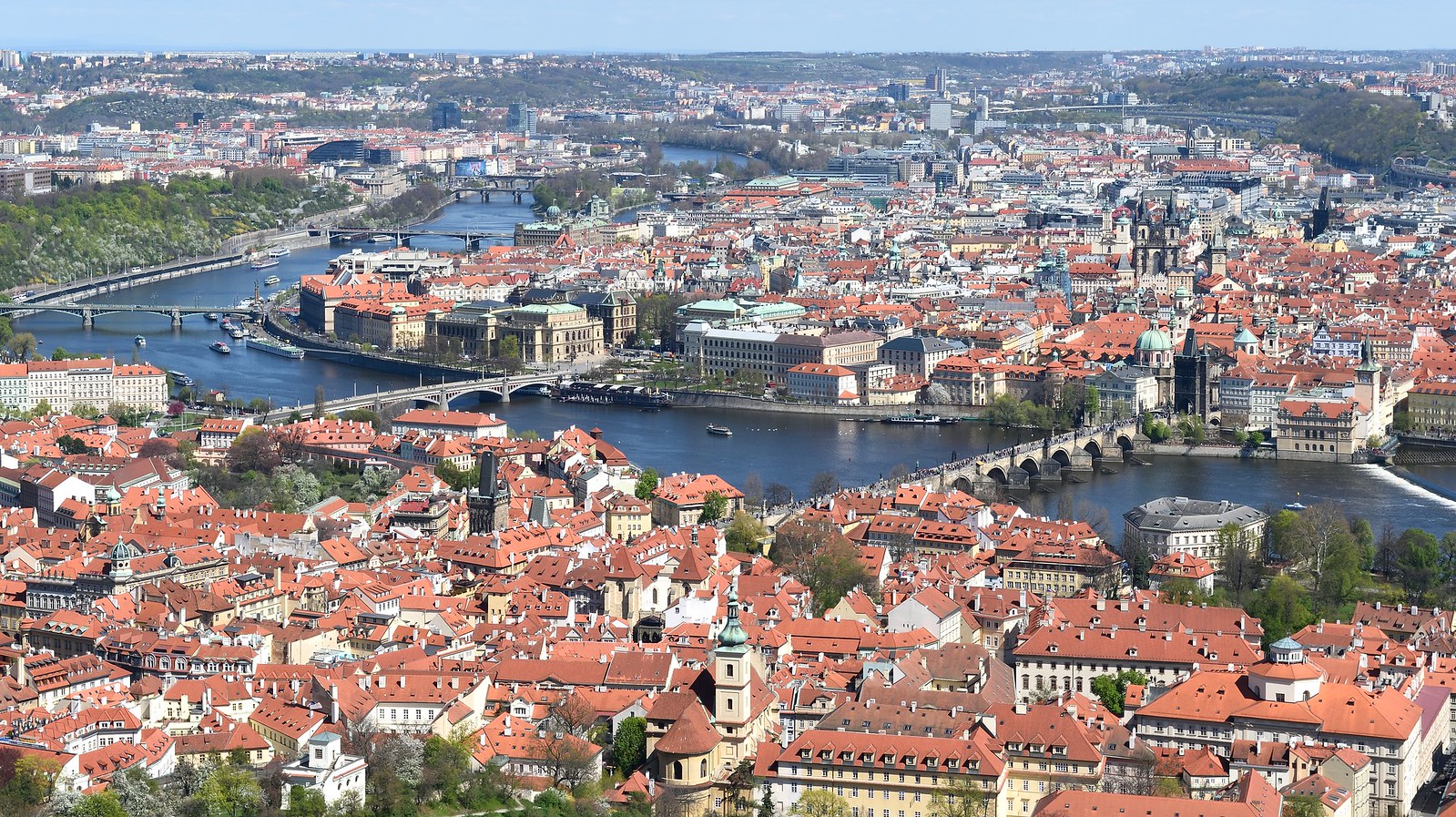 View of Prague from Petrin Hill observation tower in Prague, Czech Republic