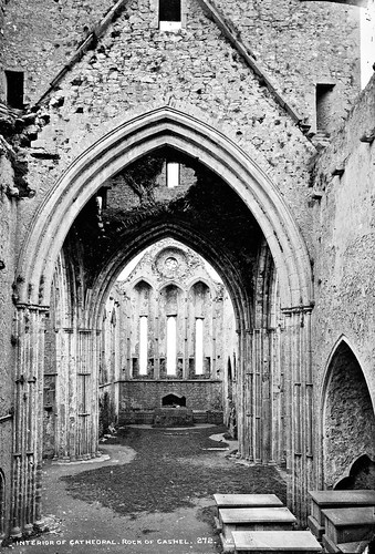 robertfrench williamlawrence lawrencecollection lawrencephotographicstudio glassnegative nationallibraryofireland mislabelled possiblecataloguecorrection rockofcashel cathedral arches gothicarch vault tomb windows transept repair lawrencephotographcollection