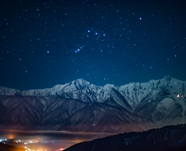 Winter night sky of the Northern Alps