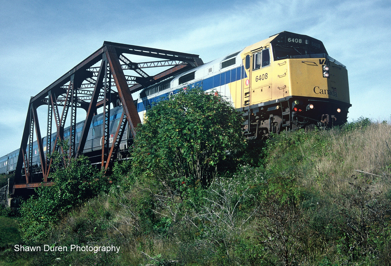 VIA Rail train #16, the Chaleur crosses a bridge at Newport, Quebec on October 4, 2003.