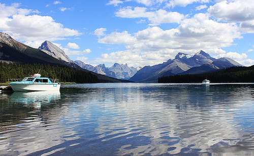 lake maligne jasper boat outdoors outdoor rockies mountain water landscape park reflection