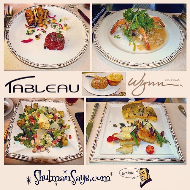 A fabulous lunch, at #Tableau at @WynnLasVegas, including #SteakTartare, #WildBlueJumboShrimp, #OrganicScottishSalmon, and #BabyKaleAndRomaineSaladWithChicken; as well as a delicious selection of #Rolls.  #GetIntoIt #LunchWithFriends #WynnLasVegas #ChefDa