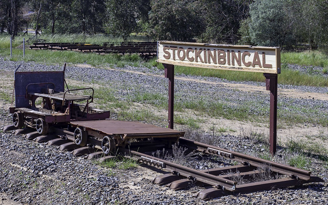 Old railway equipment (see below) beside line at Old Railway Station at Stockinbingal NSW