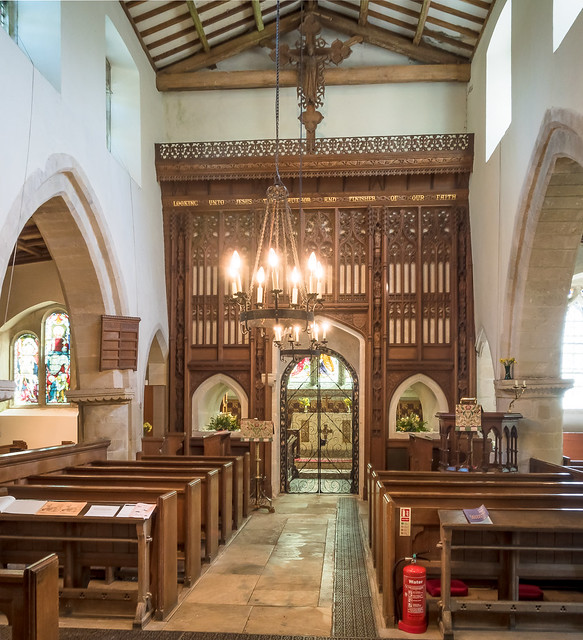 interior of the 12th century Grade 1 listed St John the Baptist's Church in Stovkton, Wiltshire