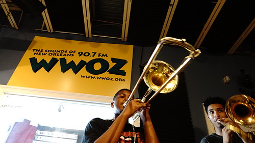 McDonogh 35 College Preparatory High School Young & Talented Brass Band at WWOZ for Cuttin Class. Photo by Charlie Steiner.