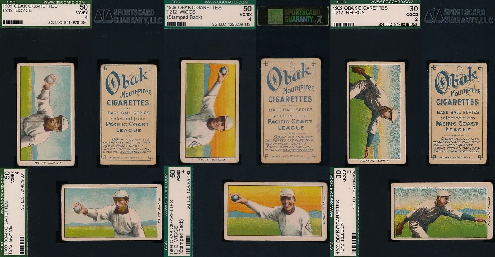 1909 T212-1 Obak Cigarettes Baseball Card (With-frame Back Design) - Horizontals - THIN MAN TRIO - George Boyce / Jimmy Wiggs / Harry "Slim" Nelson - Tall and Thin Trio of Oakland Oaks' Pitchers