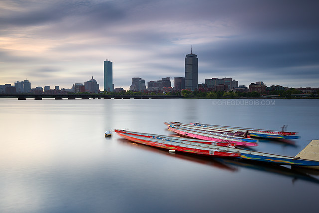 Charles River Dragon Boats with Back Bay Boston Skyline and Harvard Bridge, Cambridge MA USA