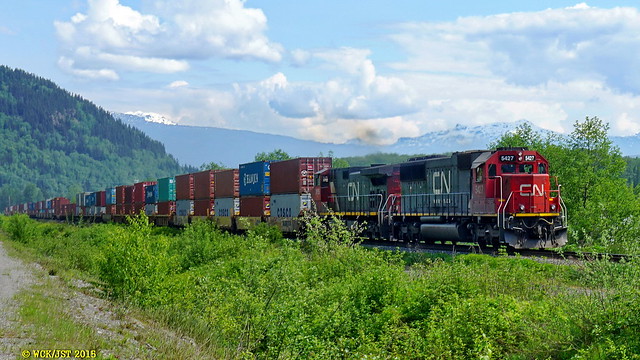 West bound intermodal lead by CN # 5427 rolls through new Remo, BC, en route to Prince Rupert's container terminal - 19 May 2015 [© WCK-JST]