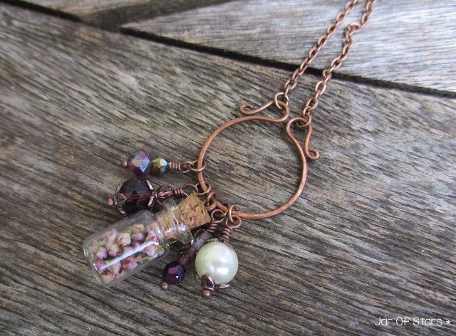 Miniature heather jar purple cluster antique copper long necklace