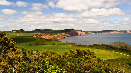 sea sky panorama seascape clouds landscape bay seaside sandstone outdoor cliffs devon fields agriculture bushes gorse