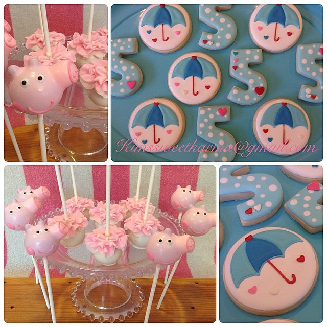 Peppa Pig inspired cake pops and cookies.