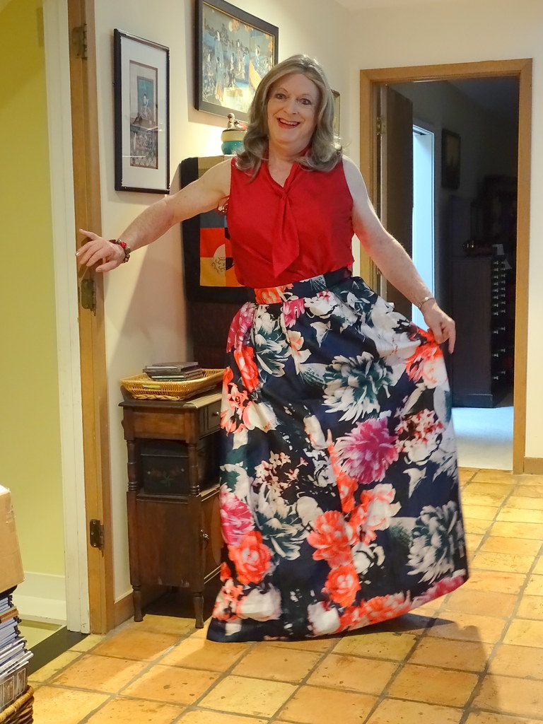 Red Satin Blouse and Long Floral Skirt | For now I am going … | Flickr