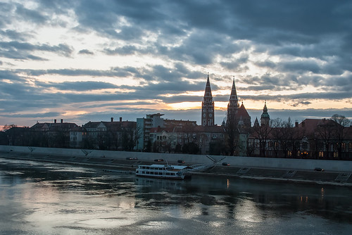 szeged city church building twilight clouds sky water reflection hdr