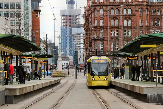 31st March 2018. Manchester Metrolink Tram No. 3023 in St. Peter's Square Manchester