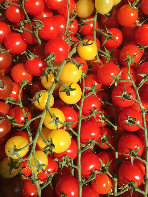 les belles tomates cerise, gorgées de soleil du marché d'Apt, Luberon. The beautiful cherry tomatoes, sun-kissed of the market of Apt