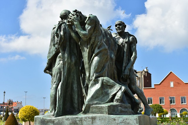 Auguste Rodin's sculpture 'Les Bourgeois de Calais' (The Burghers of Calais) in front of Calais Town Hall, Calais, France
