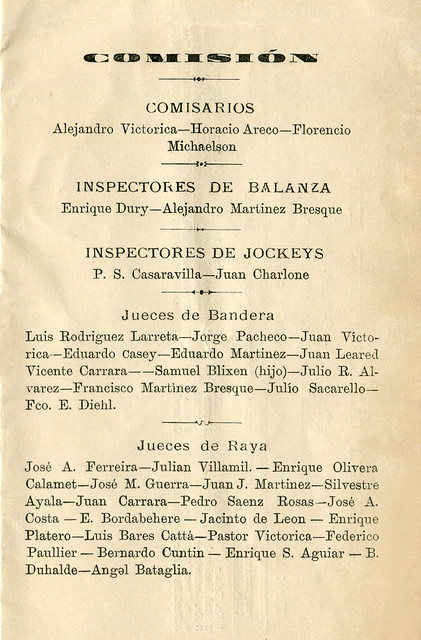 Programmheftchen eines Pferderennen in Montevideo im Jahr 1890, Komissionsmitglieder