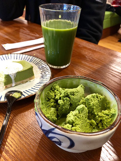 Green tea based juice , cake and sorbet
