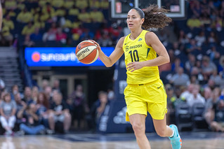 Sue Bird (10) brings the ball down the court in the Minnesota Lynx vs Seattle Storm game at Target Center, the Storm won the game 81-72. It was Breast Health Awareness Night | by Lorie Shaull