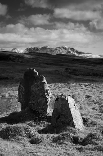 isle skye april 2018 sony osedale standing stone cuillins bw ir infra red landscape ancient monument prehistoric