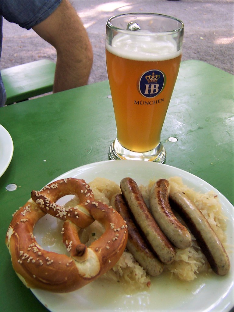 Beer, sausage, sauerkraut, pretzel