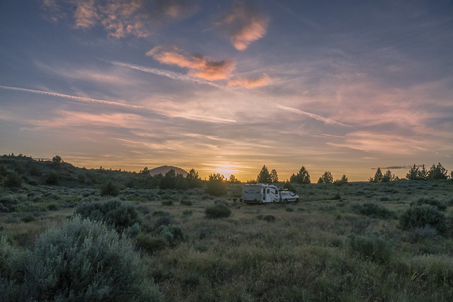 Sunset over trailer near Lava Beds NM-01 5-26-18
