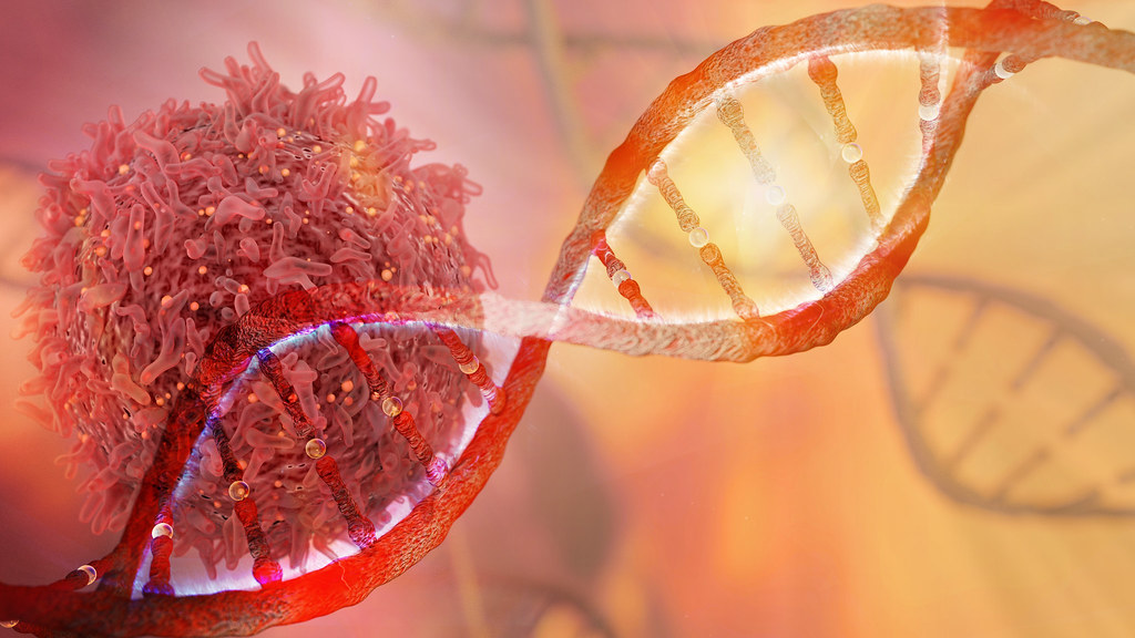 DNA strand and Cancer Cell Oncology Research Concept 3D rendering