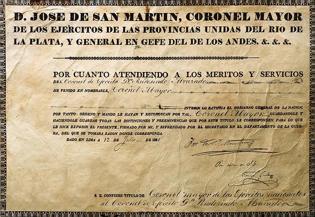 1821 San Martín deja el mando del Ejercito en Perú y nombra a Rudecindo Alvarado, nunca una plaza llevará su nombre en Chile
