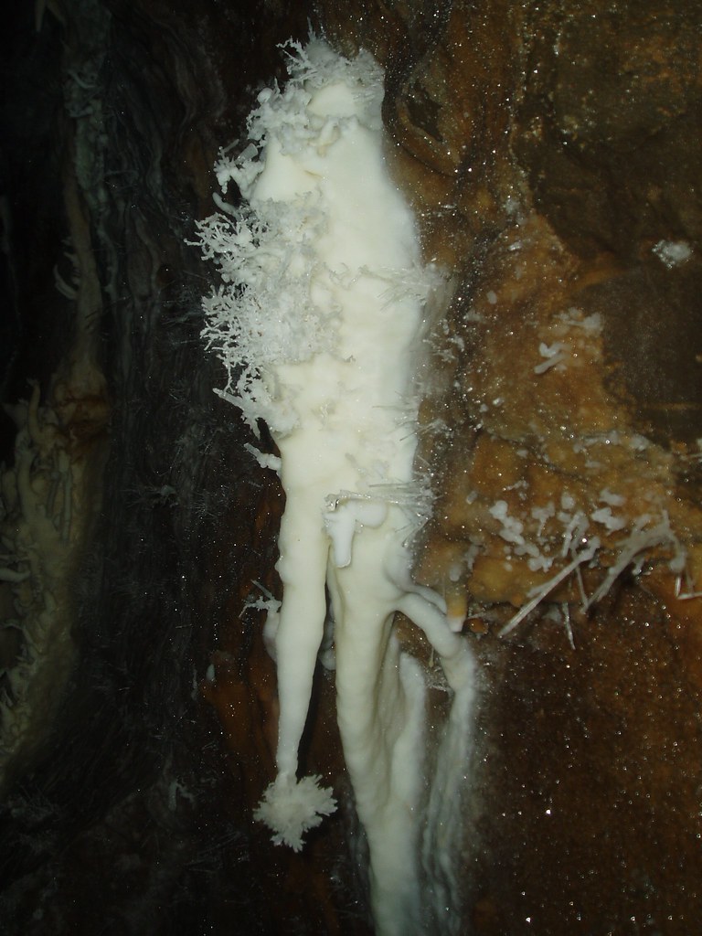 Stalagtite with helectites and crystal pompom.