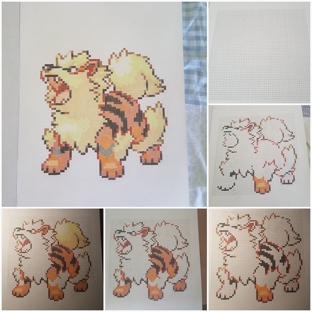 An arcanine pixel art I finished yesterday. Done with colored pencils :)