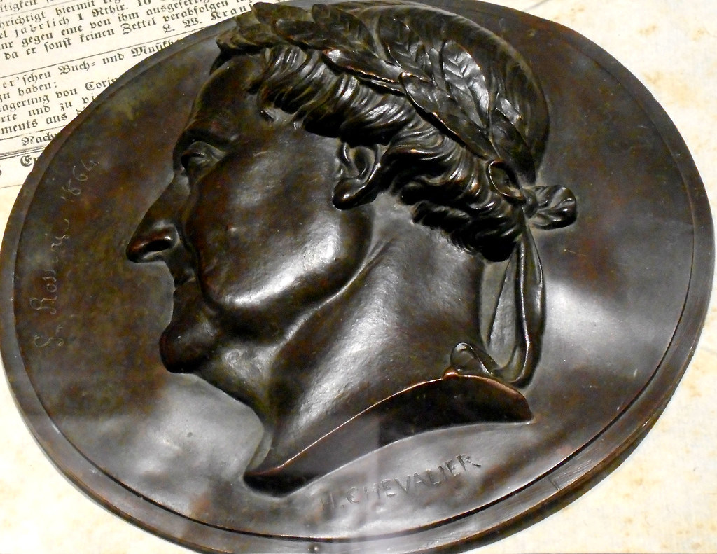 'Portrait of Gioachino Rossini', a patinated bronze relief tondo (1864), signed by Jacques-Marie-Hyacinthe Chevalier (French 1825-1895) - Exhibition 'Rossini. Neapolitan fury: 1868-2018' at 'MeMus'=Memory and Music Museum
