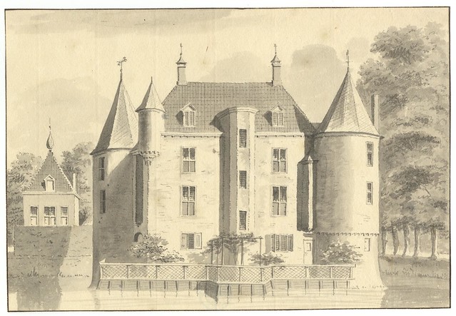 Gezicht op de achtergevel van het kasteel Maarsbergen te Maarsbergen (gemeente Maarn) met links de zijgevel van een van de bijgebouwen (bron: Het Utrechts Archief)