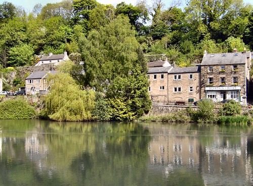 houses buildings water pond reflections trees scarthin cromford derbyshire