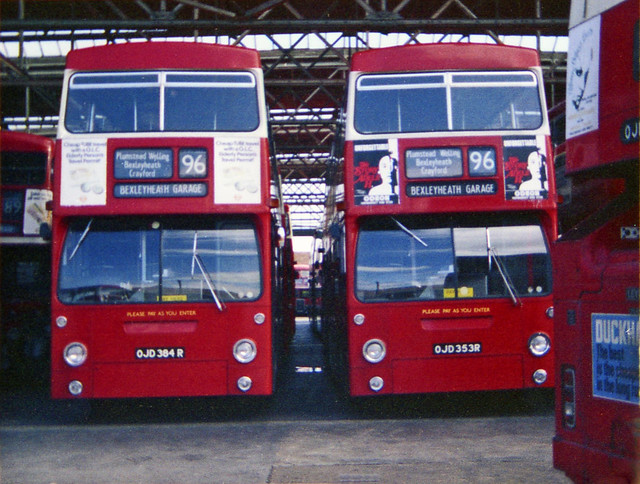 DMS2384 (BX) + DMS2353 (BX) inside Bexleyheath bus Garage on 28-8-77. Copyright Ian Cuthbertson