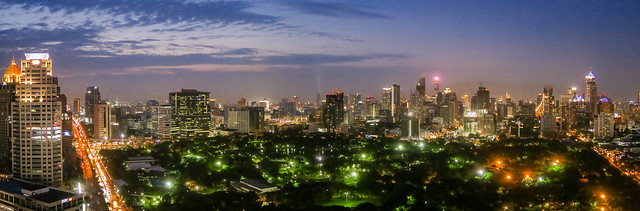 Looking over Lumpini Park from Park Society Rooftop Bar, Bangkok, Panoramic